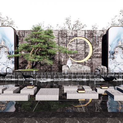 新中式庭院景观小品水景松树景墙跌水雕塑SU模型