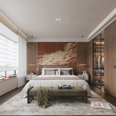 新中式卧室_装饰品_吊灯_衣柜