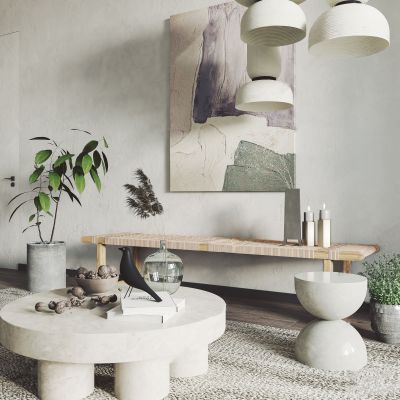 侘寂家居客厅_茶几_吊灯_挂画_长凳