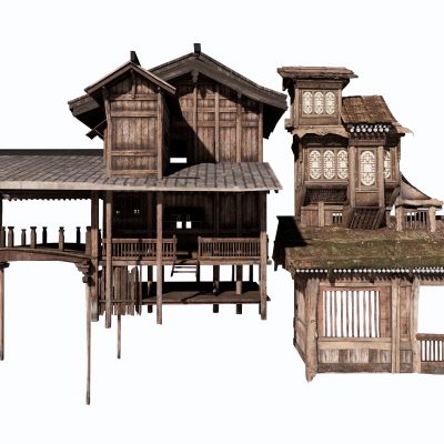 新中式木屋商业街木建筑SU模型