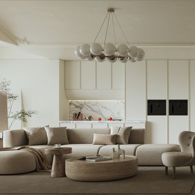 法式客厅_沙发组合_雕塑_装饰摆件_落地灯_茶几_电子火炉