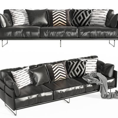 现代皮制三人沙发，多人沙发，休闲沙发，接待沙发，皮质沙发，抱枕，毯子