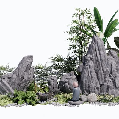 新中式假山叠石庭院景观小品跌水石头植物SU模型