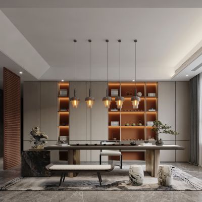 新中式茶室_茶台组合_吊灯_窗帘_装饰品