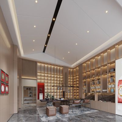 新中式茶庄_茶台组合_装饰品_挂画_吊灯