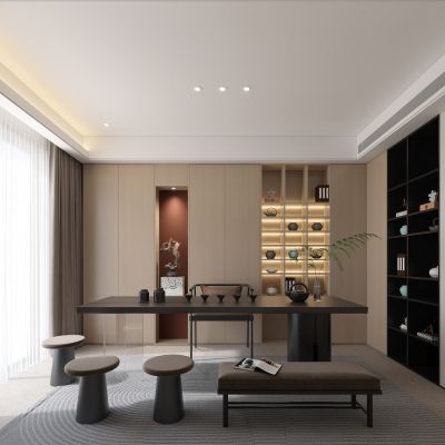 新中式书房_桌椅组合_雕塑_装饰摆件_茶具