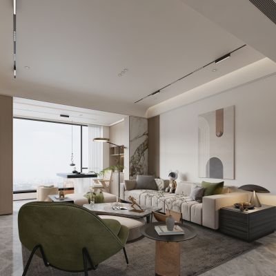 现代客厅_沙发组合_雕塑_装饰摆件_落地灯_茶几_电子火炉