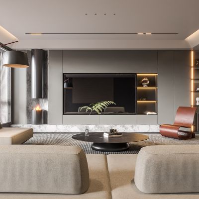 现代客厅 无主灯客厅 沙发组合 茶几组合 饰品摆件