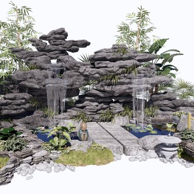 新中式假山叠石景观小品水景石头跌水植物竹子SU模型