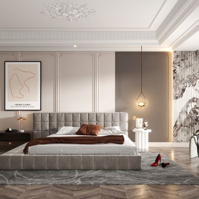 简欧卧室,双人床，休闲椅，边几