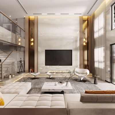 现代别墅客厅，挑空客厅，客厅