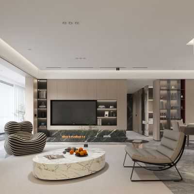 现代客厅_书房_沙发组合_雕塑_装饰摆件_落地灯_茶几_电子火炉