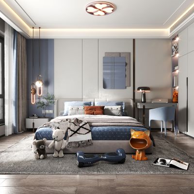 现代儿子房，衣柜，双人床，玩具，吸顶灯，书桌椅，床头小吊灯