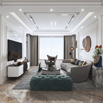 简欧客厅,沙发茶几组合，电视柜及背景，沙发背景，人物雕塑摆件