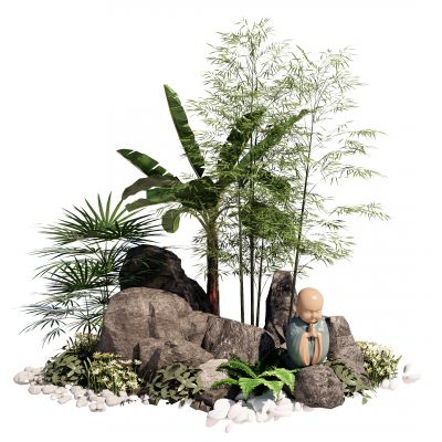 新中式假山石头景观小品竹子植物SU模型3D模型