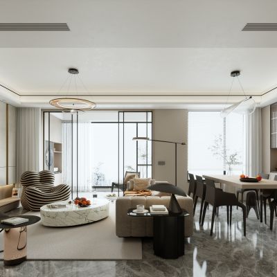现代全景客餐厅_沙发组合_雕塑_装饰摆件_落地灯_茶几_电子火炉