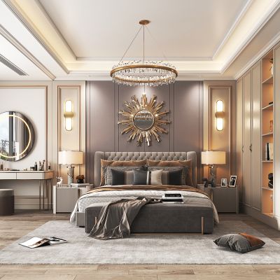 简欧卧室，双人床，梳妆台，休闲椅边几组合，衣柜，吊灯