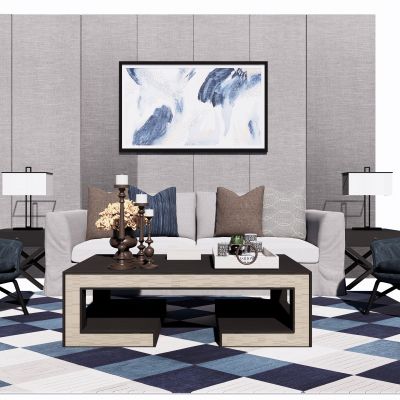 现代沙发茶几组合休闲沙发边几背景墙SU模型