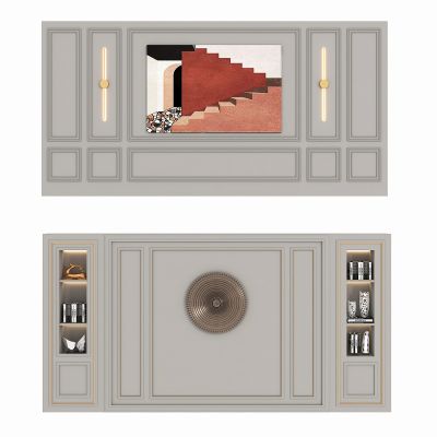 简欧沙发背景组合,工艺品摆件，画，欧式金属镜，壁灯