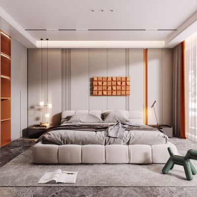 现代卧室，轻奢卧室，卧室，床，柜子