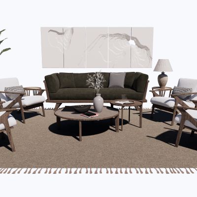 新中式沙发茶几组合休闲椅摆件SU模型