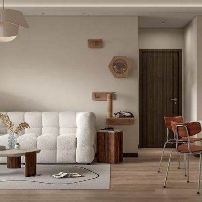 奶油风客厅,沙发茶几组合，餐桌椅组合，酒柜