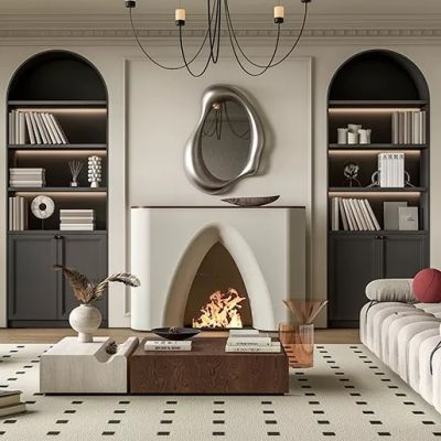 法式别墅客厅，沙发茶几组合，书柜，壁炉，仙人掌