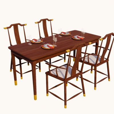 新中式室内餐桌餐椅SU