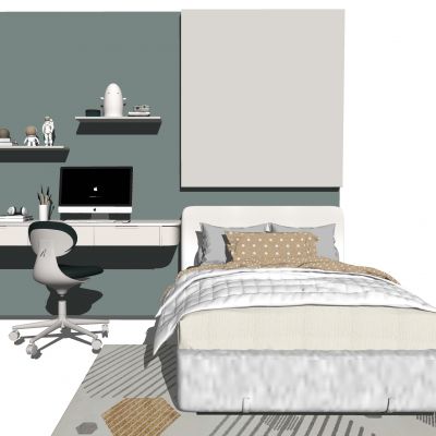 现代儿童床电脑桌儿童房摆件书架SU模型