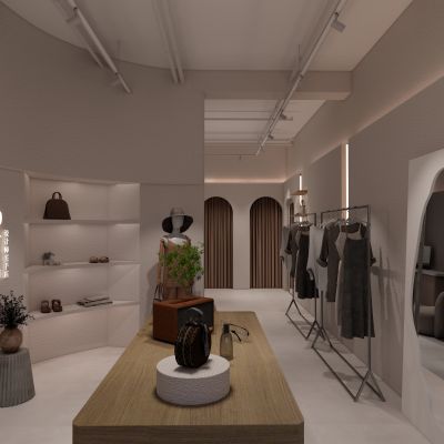 现代侘寂奶油风服装店3D模型
