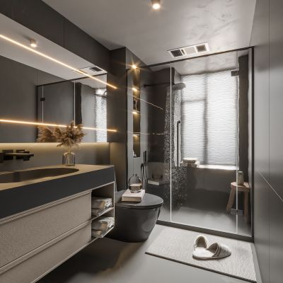  现代卫生间 马桶 浴室柜 洗脸盆 镜子 坐便器 淋浴花洒 玻璃隔断 摆件3D模型
