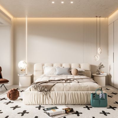  现代奶油风卧室 双人床 饰品 休闲椅 床头吊灯 造形吊顶 衣柜