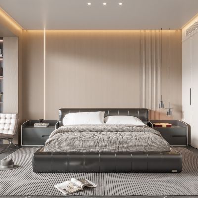  现代风格卧室 双人床 饰品 休闲椅 床头吊灯 造形吊顶 衣柜