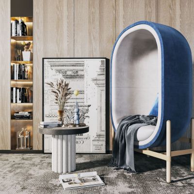 现代蓝色布艺胶囊沙发