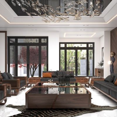 美式轻奢客餐厅，厨房，楼梯，水晶吊灯