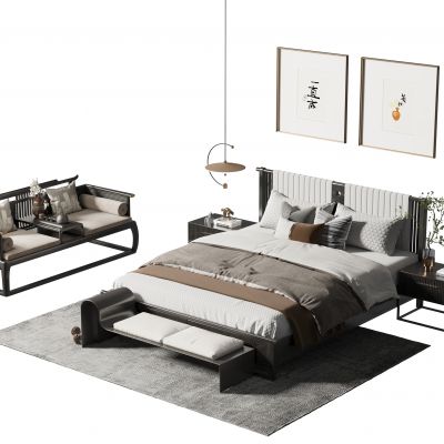 新中式双人床组合