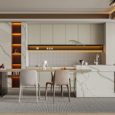 现代轻奢餐厅岛台桌椅组合