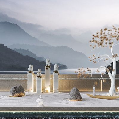 新中式松树枯山水小品