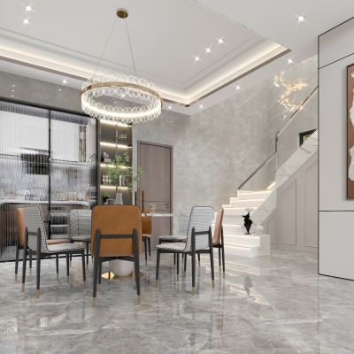 现代别墅客餐厅，沙发茶几组合，餐桌椅组合，鞋柜，玄关柜，工艺品制件，吊灯