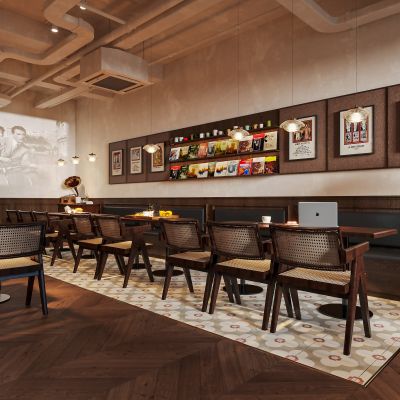 复古餐厅，餐桌椅组合，前台，食物冷藏柜