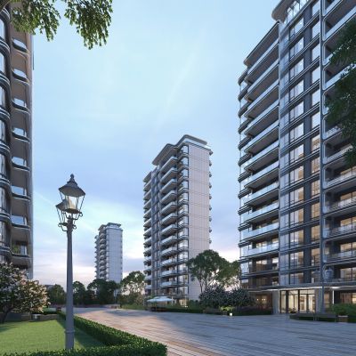 现代高层住宅 黄昏景 