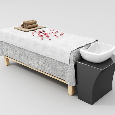 洗头床，毛巾，花瓣，脸盆