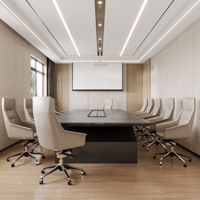 现代会议室，会议桌椅组合，投影仪