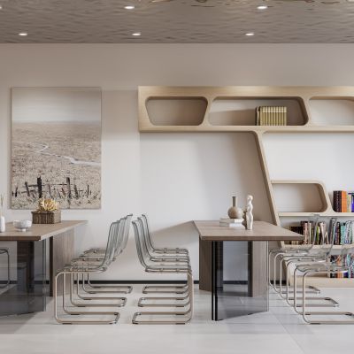 现代阅读室，书桌椅组合，书架，植物堆