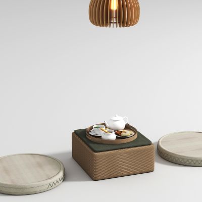 日式休闲桌椅组合,坐垫，藤桌，实木吊灯，点心，茶具