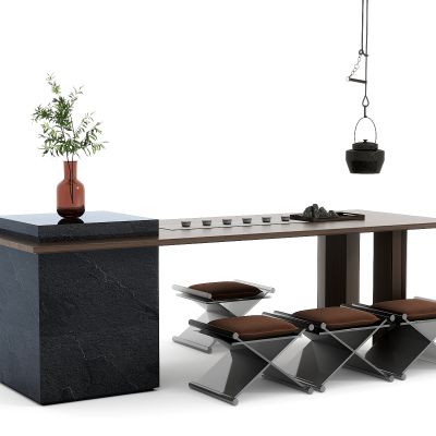 新中式茶桌椅组合，植物，凳子，茶具，茶壶