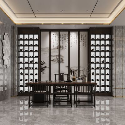 新中式公司大厅，前台，茶桌椅组合，沙发茶几组合，玄关柜