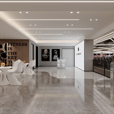 健身器材，员工储物柜，水吧台，前台，休闲桌椅，门禁