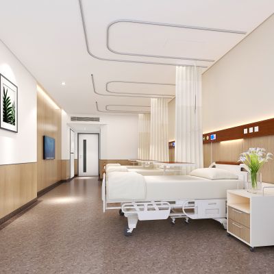 现代医院病房，病床，床头柜，轨道窗帘，电视，画