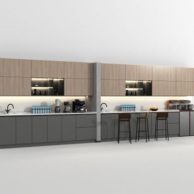 现代水吧柜，咖啡机，水槽，榨汁机